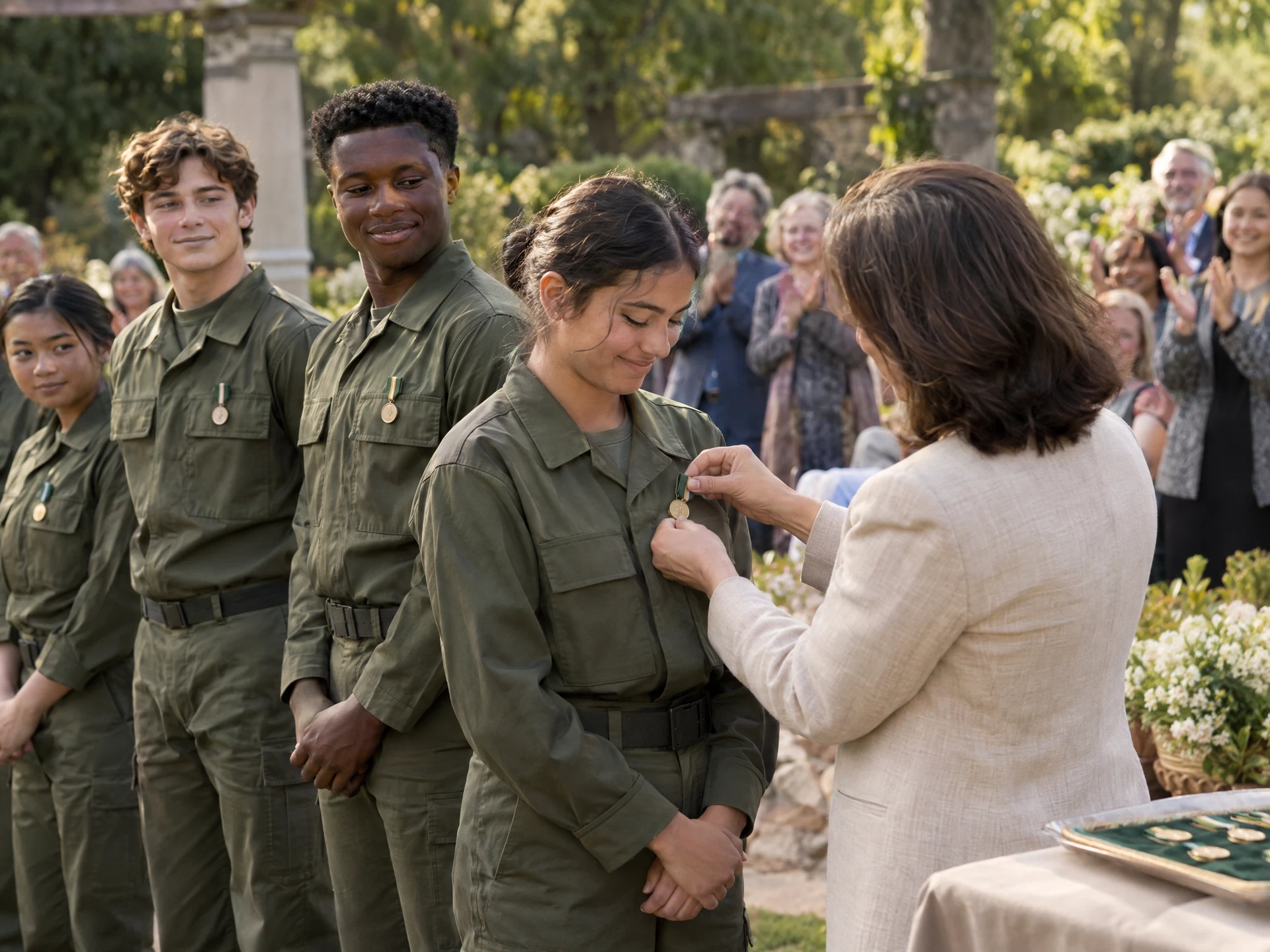 Representación conceptual de jóvenes con uniforme de estilo militar recibiendo condecoraciones de servicio en una ceremonia al aire libre